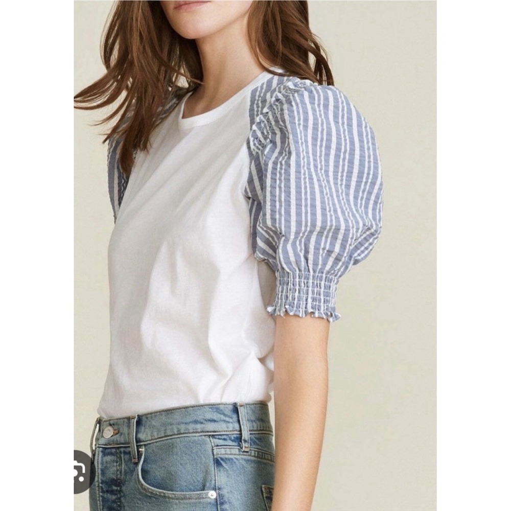 Veronica Beard Marcia Puff Sleeve Tee‎ Womens XS Blue Stripe Cotton Top $228